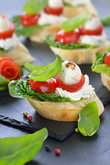 Käsehäppchen mit Tomate und Mozzarella, mit Basilikum und Frischkäse auf Baguette mit Romana-Salat angerichtet - Canapes with tomato, mozzarella, olive oil, balsamic vinegar and basil