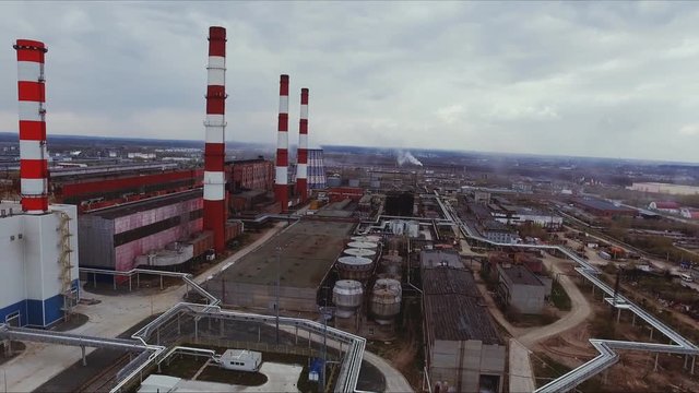 Aerial view of power station and huge oil plant in Russia. Flights above oil plants. Top view