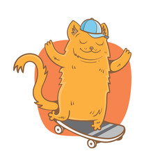 Card with cute cartoon cat on a skateboard. Cat in  baseball cap. Vector image. Children's illustration.