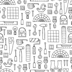 Vector seamless pattern with hand drawn isolated tools for repair on white color