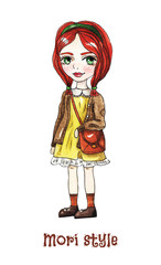 Mori style. Pretty red-haired girl, doll on white background. Watercolor illustration