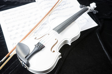 Fototapeta premium White violin isolated on black background with notes