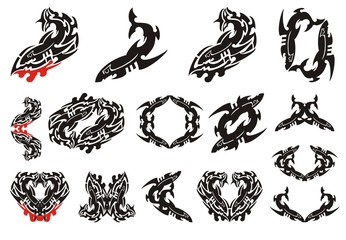 Tribal shark set. Fierce shark tattoo icons, shark frames and other shark symbols with blood drop