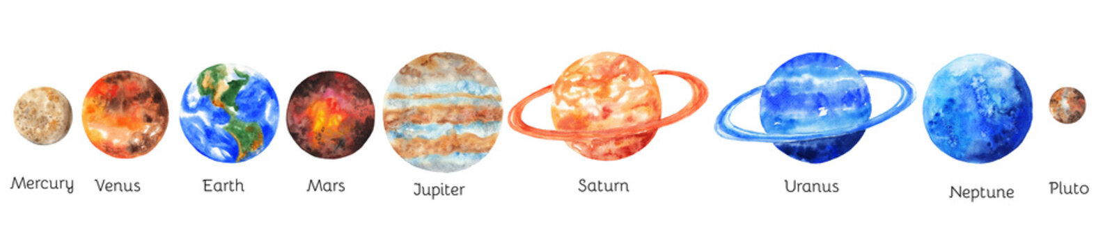 The planets of the Solar system on white background. Mercury, Venus, Earth, Mars, Jupiter, Saturn, Uranus, Neptune, Pluto. Watercolor illustration