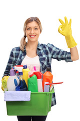 Housewife holding cleaning equipment