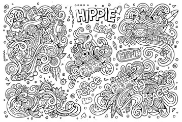 Line art set of hippie objects 