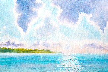 hand painted watercolor landscape with lake, sunlight, clouds - 109685528