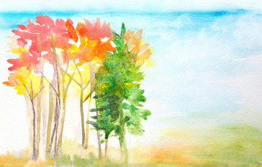 hand painted watercolor landscape with autumn trees