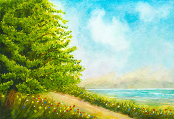 hand painted watercolor nature landscape with tree, flowers, gra