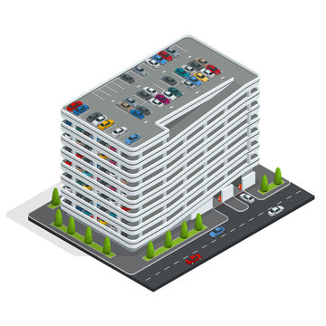 Multi-story car park. Isometric city car park. Urban car parking service. Isometric flat 3d vector illustration.