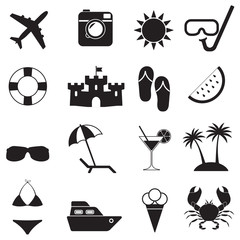 Beach icons and Summer signs set isolated on white background. Travel and vacation vector illustration.