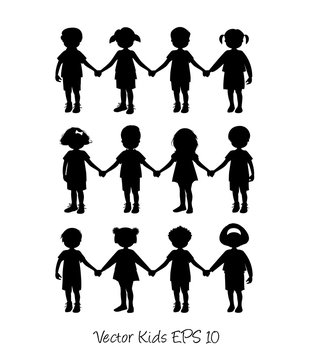 Set of little kids silhouettes holding hands