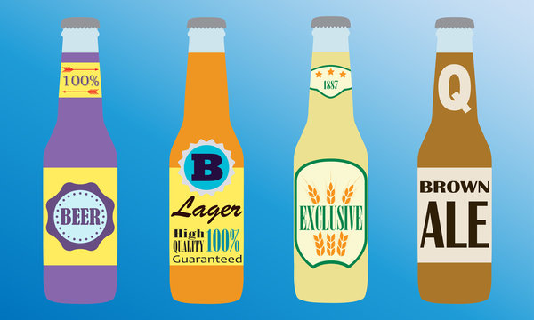 Beer bottles set with label. Colorful vector icon or sign. Symbol or design elements for restaurant, beer pub or cafe.