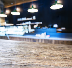 Table top with Blurred Cafe Restaurant Kitchen interior background