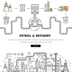 Modern petrol industry thin block line flat color icons and composition with gas station technology  and development gasoline program