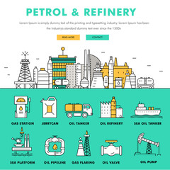 Modern petrol industry thin block line flat color icons and composition with gas station technology  and development gasoline program
