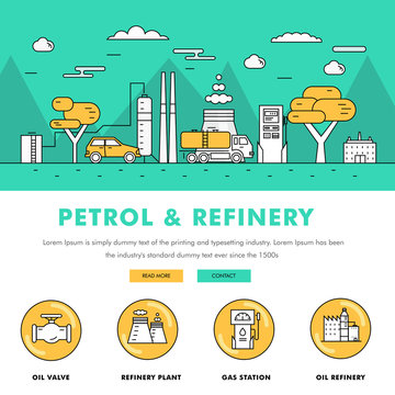 Modern petrol industry thin block line flat color icons and composition with gas station technology  and development gasoline program