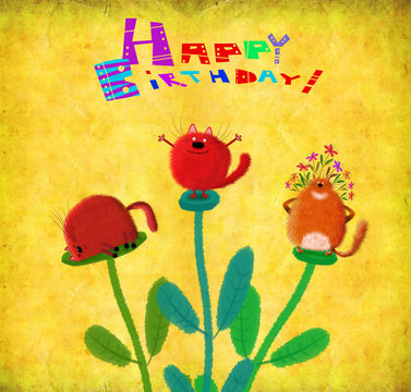 Birthday Card Cats-Flowers