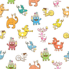 Obraz premium Seamless pattern with cute cartoon monsters on a white background. Vector image.