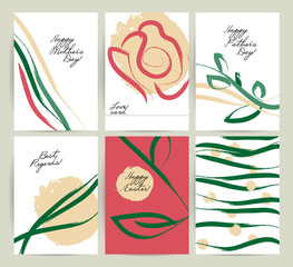 Vector hand drawn congratulation cards. Artistic floral elements. Easter, happy mother's day, father's day.