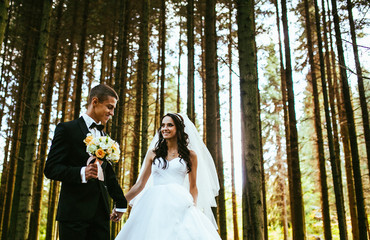 Lovely wedding couple at sunny day on pine wood forest. The groom holds the bride's hand. Walk through the pine forest. The bride serenity, roses bouquet in her hands. The man in the black suit