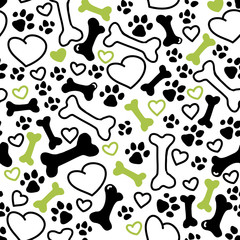 Fototapeta na wymiar Vector flat simple seamless pattern with dog paw trace, bones isolated on yellow background.