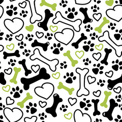 Vector flat simple seamless pattern with dog paw trace, bones isolated on yellow background.