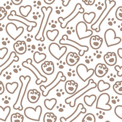 Vector flat simple seamless pattern with dog paw trace, bones isolated on yellow background.