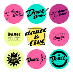 Vector flat dance studio logo. Dance flat emblem set. Dancing icon. Human icon. Human figure. Modern dance center. Pole dance. Ball room dance. Dance school insignia. Hand written font, lettering.