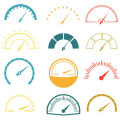 Speedometer or gauge icons set isolated on white background. Infographic and car instrument design elements. Colorful vector illustration. - obrazy, fototapety, plakaty