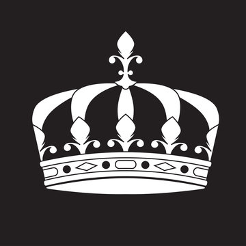 Crown icon or sign. White crown silhouette isolated on black background. Vector illustration.
