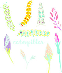 Fototapeta na wymiar Caterpillar and flower doodles on the watercolor texture vector file