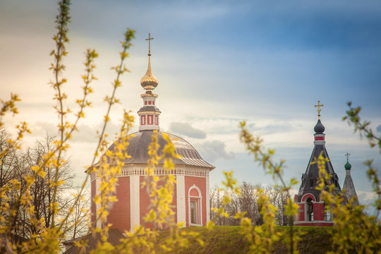 Russian Orthodox church in the sunlight. Tourism in Russia, land