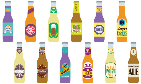 Beer bottles icon set. Beer bottles with label isolated on white background. Colorful vector illustration in flat style.