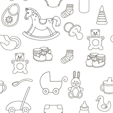 Seamless hand drawn doodle pattern with toys. Vector  illustration for backgrounds, web design, design elements, textile prints, covers, greeting cards