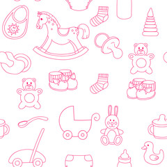 Vector seamless pattern with hand drawn, cartoon and pink toys for little girls on white background. 