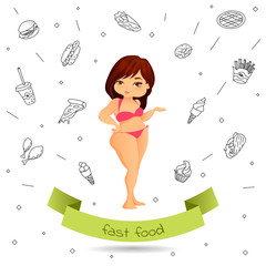 Fat girl in a swimsuit is not a healthy lifestyle on the backgro