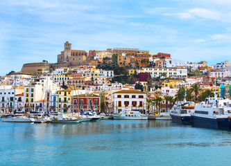 Colorful Ibiza Old Town Buildings and Port - obrazy, fototapety, plakaty