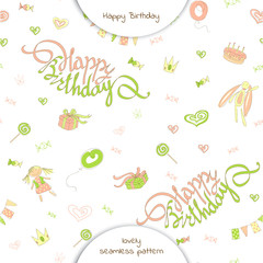 Seamless pattern happy birthday in doodle style.