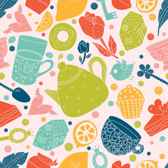 Tea and sweets. Colorful vector seamless pattern. Retro fabric design.