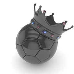 Black soccer ball with black crown on white background. 3D rendering.