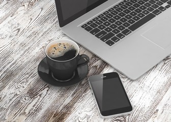 Laptop smartphone and coffee cup on wood. 3d rendering.