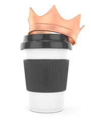 Coffee cup with bronze crown on white background. Concept of luxury royal coffee. 3D rendering.