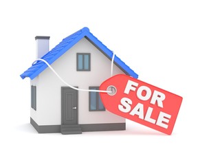 Model of house with label for sale on white background. Concept of real estate sale. 3D rendering.