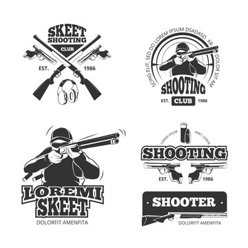 Retro weapons, shooting vector labels, emblems, badges, logos. Shooting weapon, shooting badge, shooting emblem and shooting label, shooting club illustration