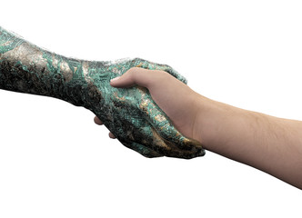 human hand shaking robot hand isolated on white