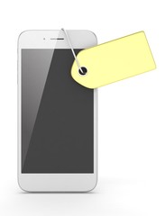 White smart phone with golden price tag on white background. Identification, price, label. Luxury and expensive offer. 3D rendering.