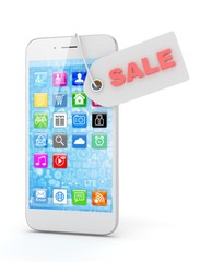 White smart phone with red sale label on white background. Best offer. Leader of sales. 3D rendering.