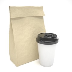 Coffee to go and lunch bag, on white. 3d rendering.