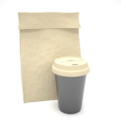 Coffee to go and lunch bag, on white. 3d rendering.